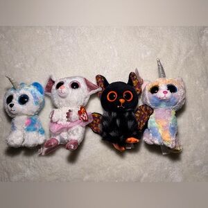 4 Ty Plush  - Pastel Unicorn, White Pink Kitty, Black Orange Bat